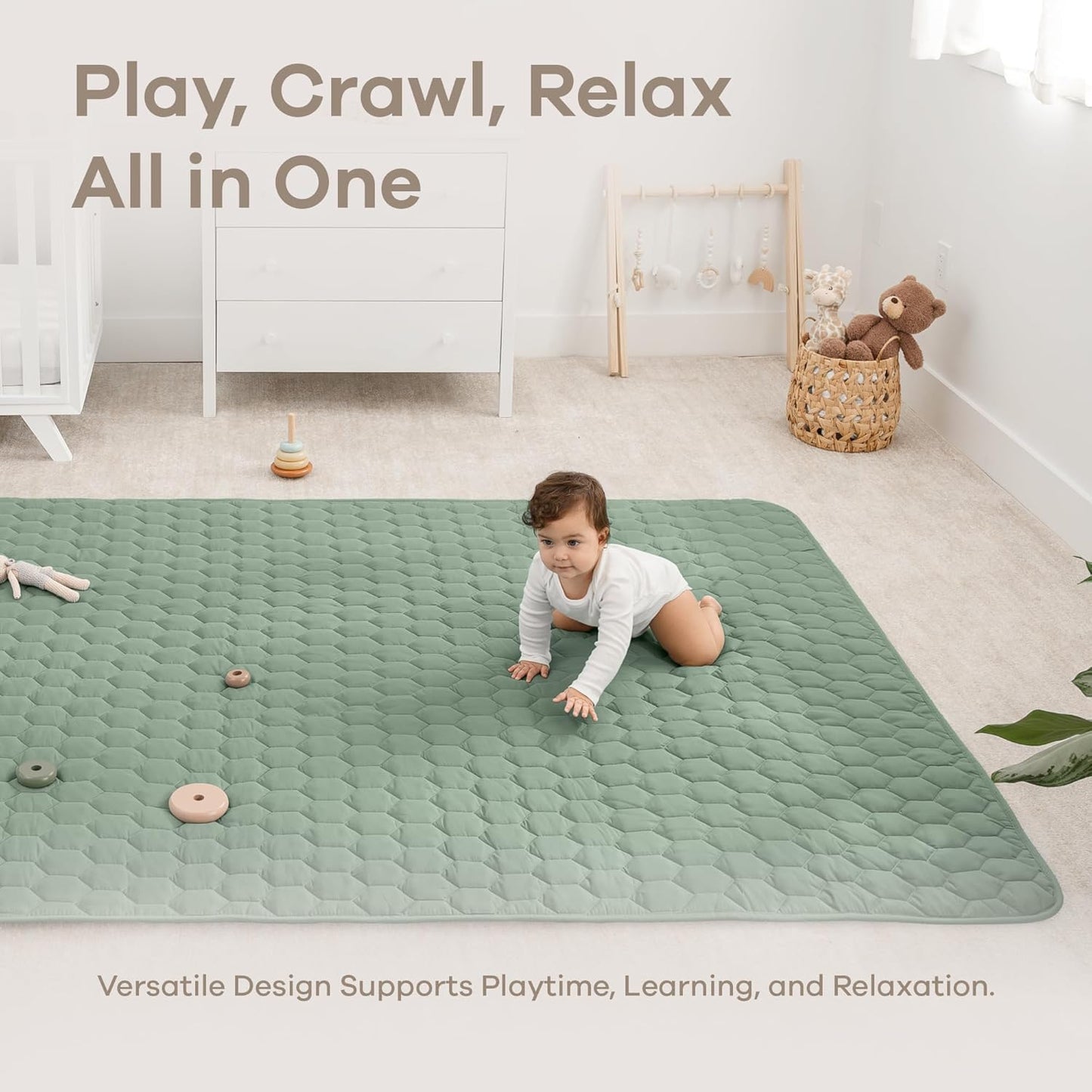Comfy Cubs Rectangle Kids Play Mat - Large 60 x 96 inches Soft Quilted Baby Floor Mat with Non-Slip Bottom - Plush Design for Toddlers' Playtime and Relaxation - Comfortable and Durable - Fern