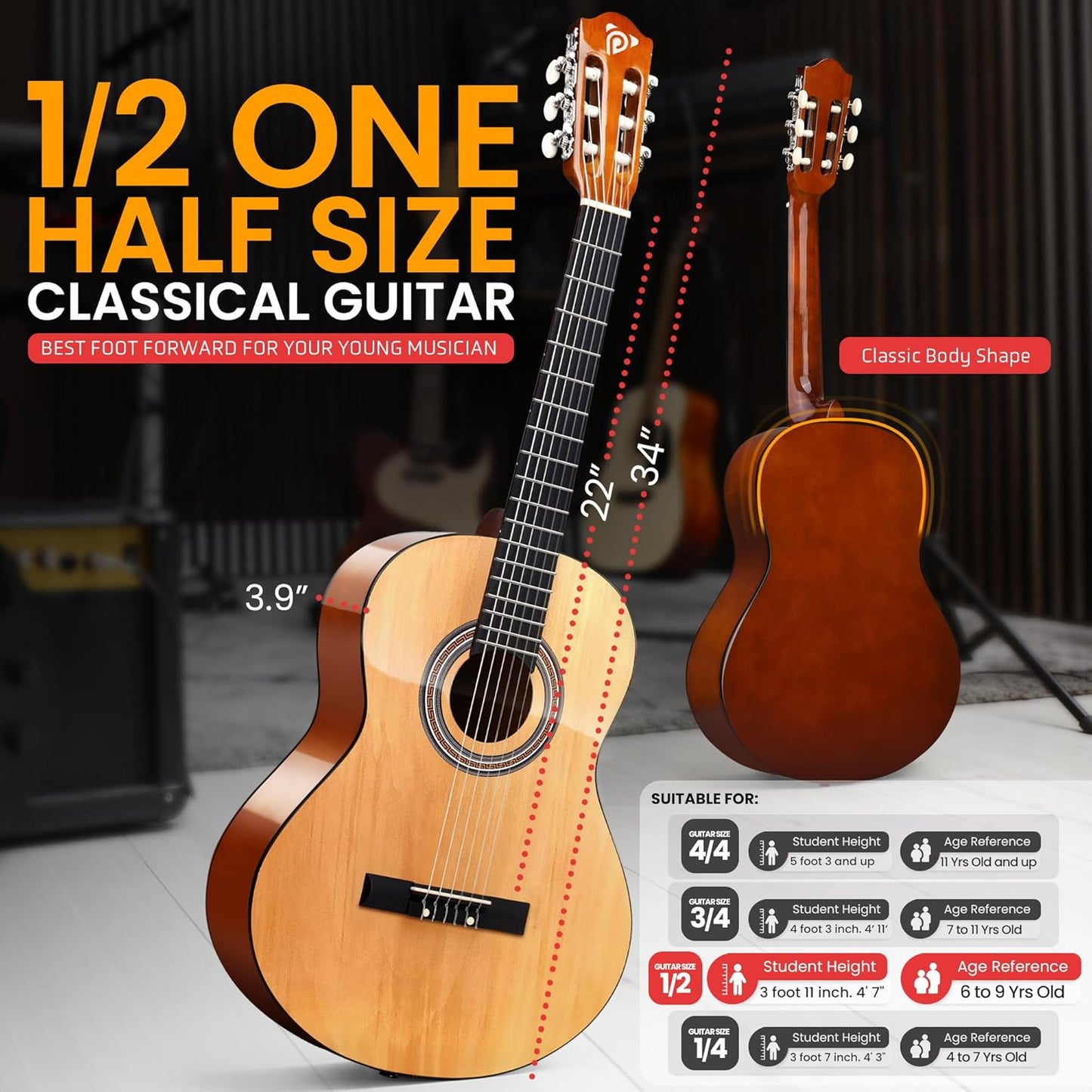 Pyle Beginner Acoustic Guitar Kit, 1/2 Junior Size All Wood Build Nylon String Instrument with Capo, Strap, Extra String Set, Gig Bag, Guitars for Beginners Adults Youth, 34" Natural Gloss