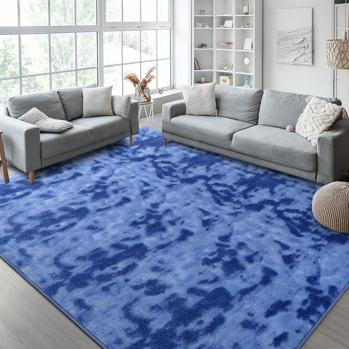 Kimicole 5x8 Washable Area Rugs for Bedroom Living Room, Low Pile Ulta-Thin Solid Color Rug, Non-Slip Soft Fluffy Carpet for Nursery Kids Room Dorm Room Home Decor (Blue)