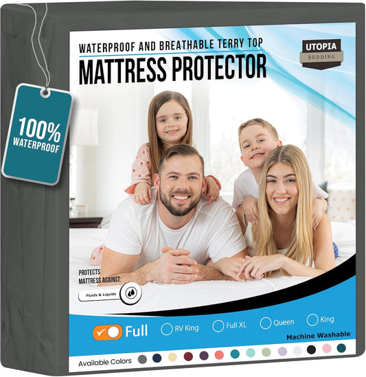 Utopia Bedding Waterproof Mattress Protector Full Size, Premium Terry Mattress Cover 200 GSM, Breathable, Fitted Style with Stretchable Pockets (Gray)