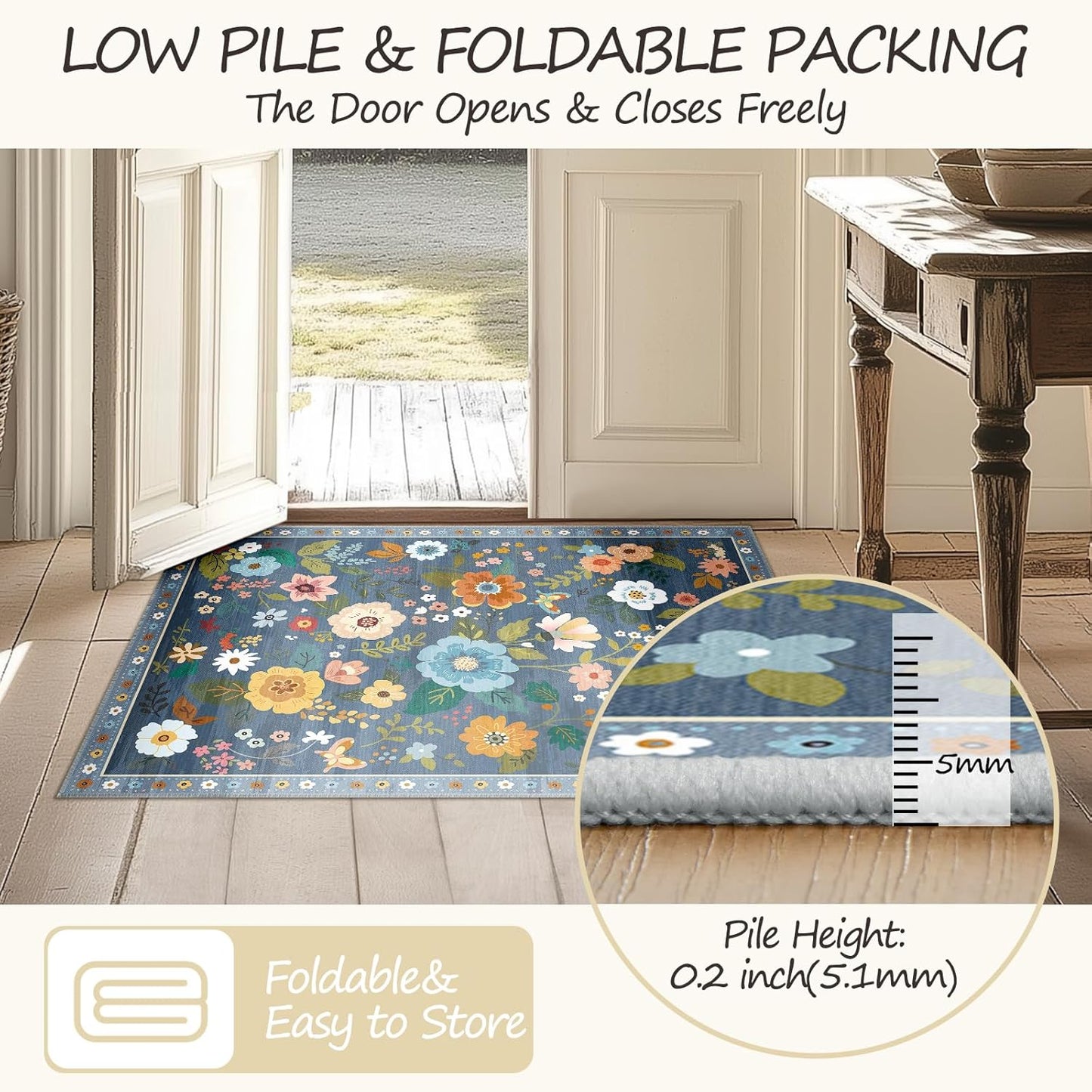 Floral 2x6 Area Rug Machine Washable Soft Print Boho Carpet Non Slip Doormat Low Pile Flower Area Rugs for Living Room Bedroom Nursery Kitchen Dining Room Indoor-Blue/Grey