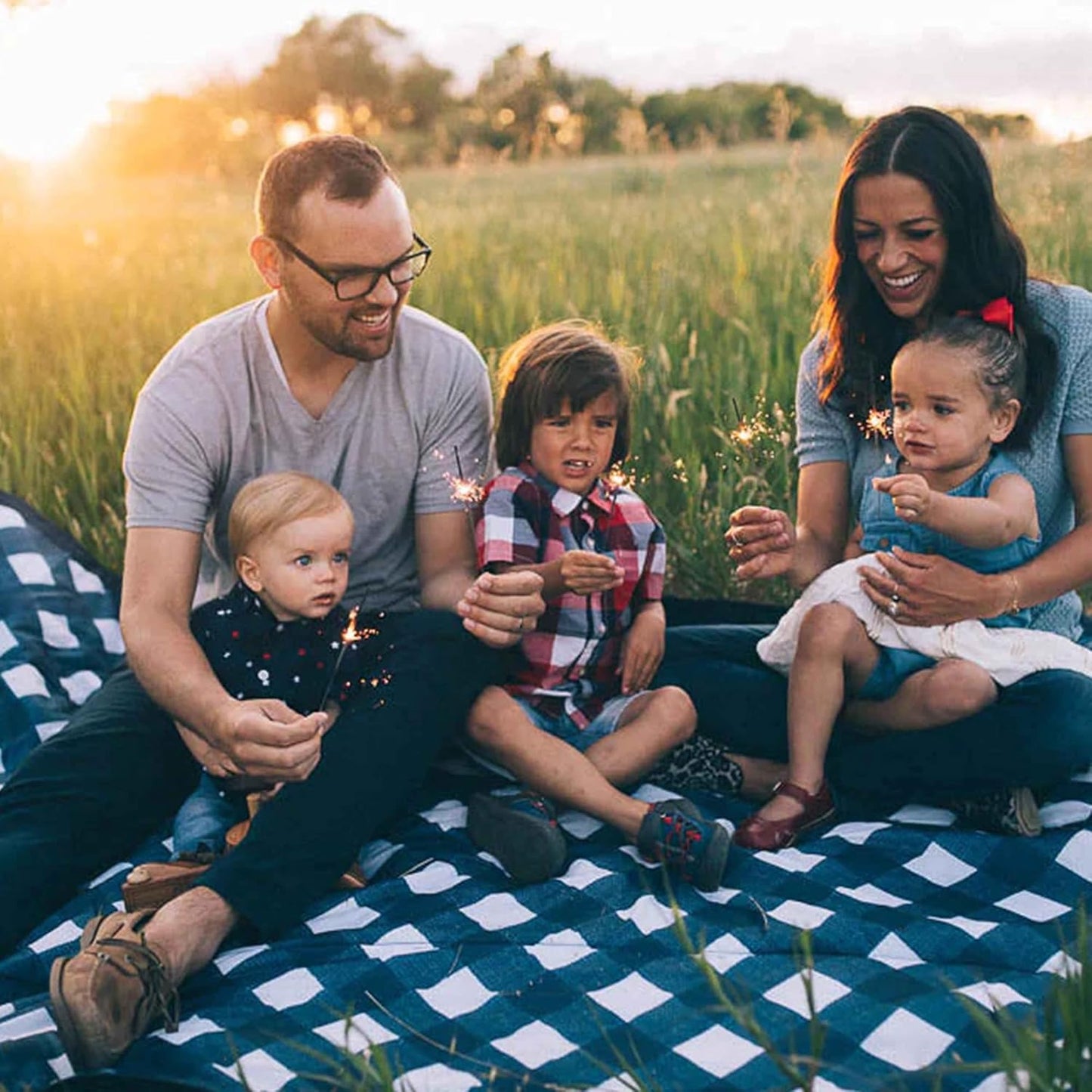 Little Unicorn 5'x7' Outdoor Family Picnic & Beach Blanket | Durable & Water-Resistant Fabric | Compact Fold & Easily Wipes Clean | Zipper Pocket (Navy Plaid)