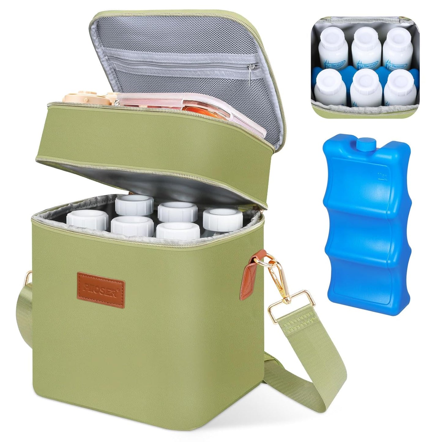 PIIOSER Breastmilk Cooler Bag with Ice Pack Fits 6 Baby Bottles Up to 9 Ounce, Insulated Baby Bottle Tote Bags, Double Layer Waterproof Leak-Proof with Shoulder Strap for Nursing & Working Mom (Green)