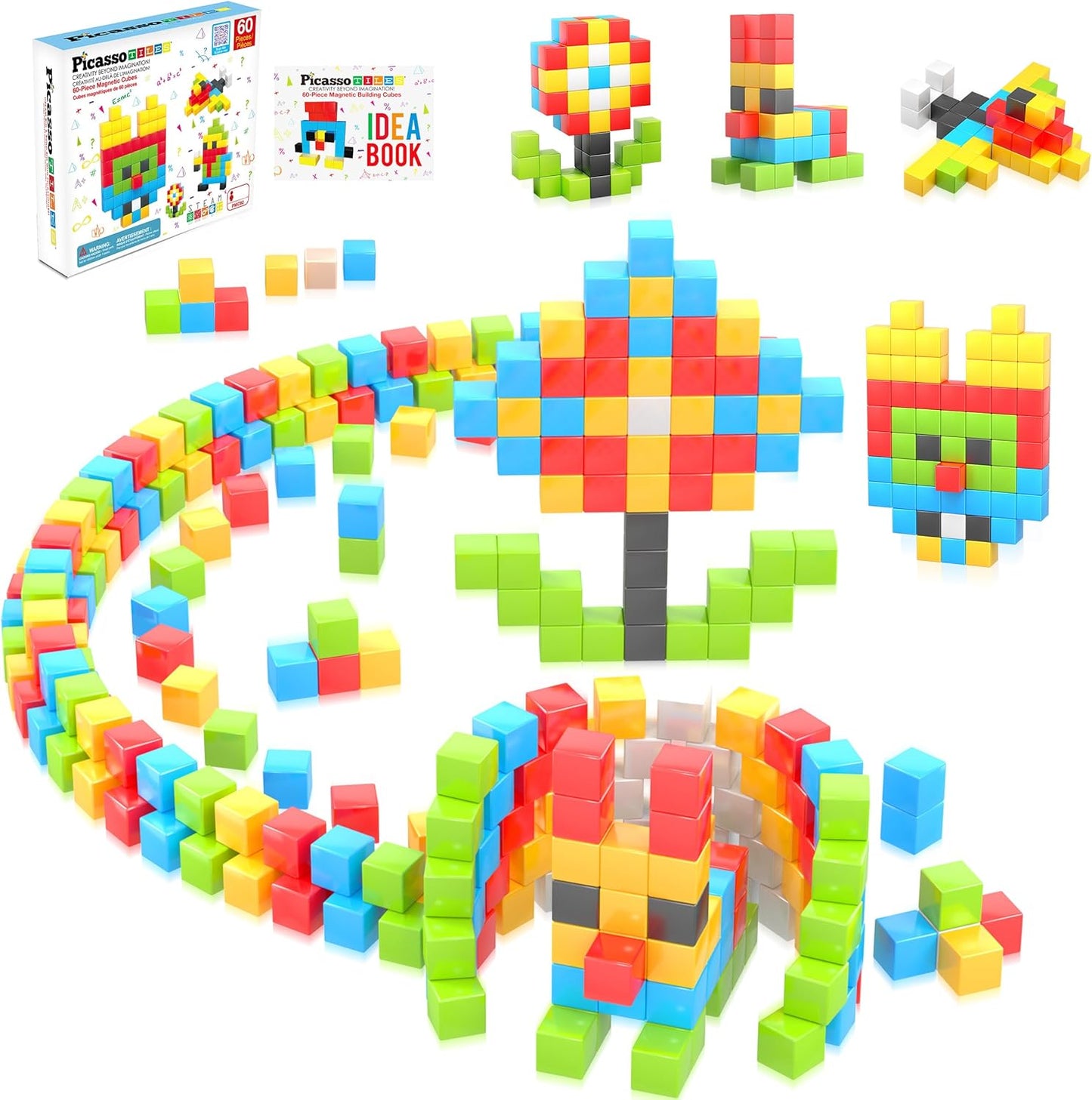PicassoTiles 60pc Magnetic Puzzle Cube Building Set 1 Inch 3D Blocks STEM Construction Toy for Toddlers Kids Boys Girls Age 3+ Montessori Learning Travel Sensory Gift with Educational Idea Book PMC60