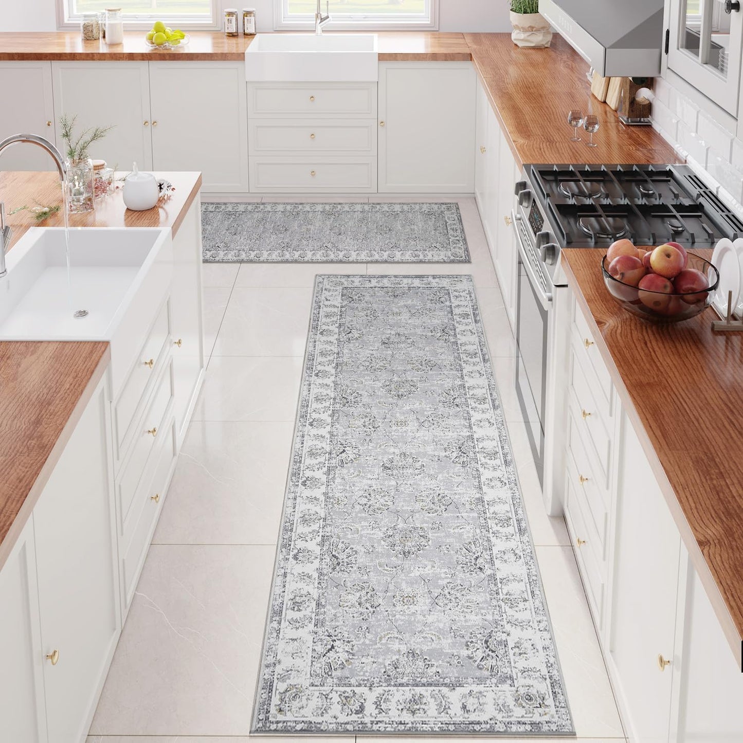 jinchan Runner Rug 3x10-2pcs Kitchen Washable Vintage Hallway Rug Floral Print Floor Cover Indoor Thin Retro Mat Accent for Bathroom Laundry Room Bedroom Office Farmhouse (Double,Grey)