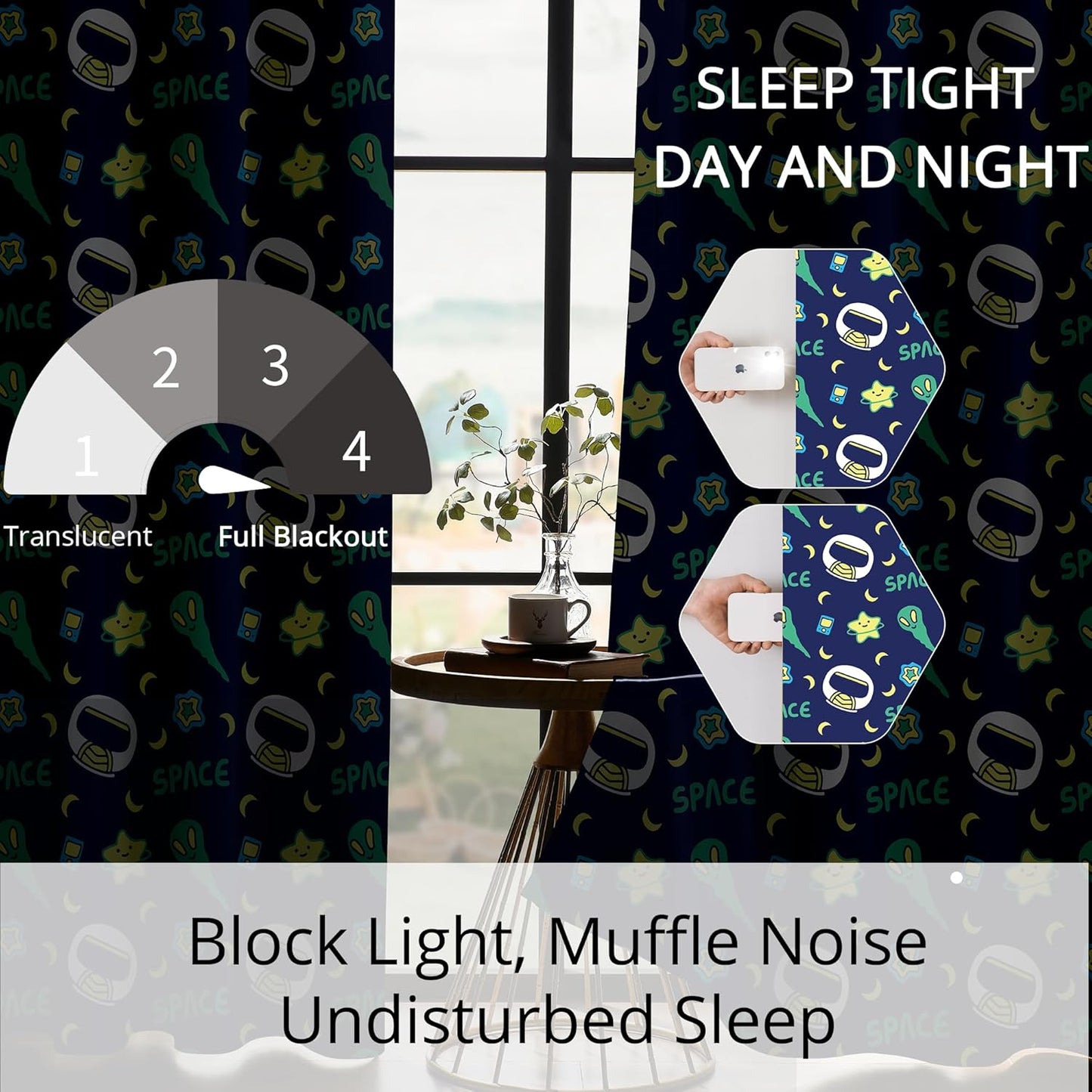 Kids Space Alien Blackout Curtains - 100% Blackout, Thermal Insulated, Noise Reducing, Perfect for Kids Room and Nursery, 2 Panels (Friendly Alien, W52×L84)