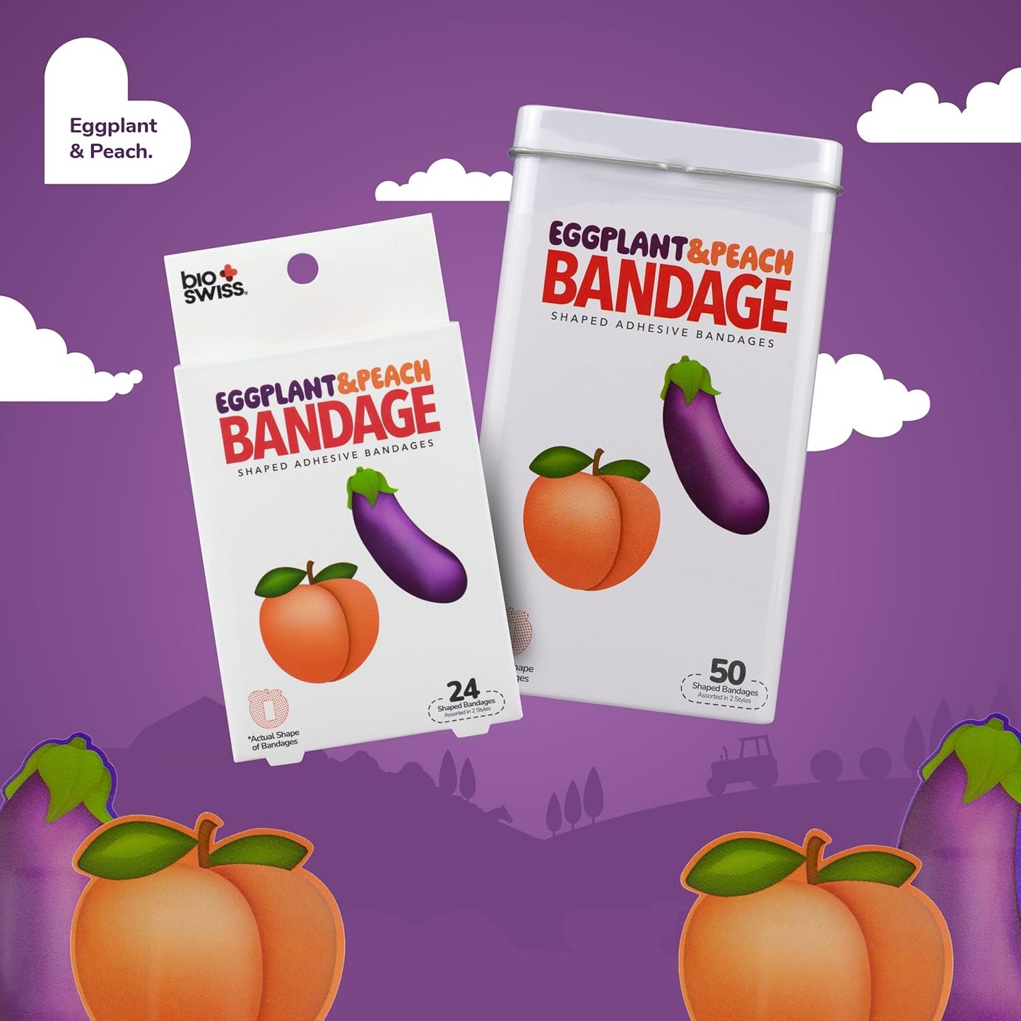 BioSwiss Bandages, Eggplant and Peach Shaped Adult Self Adhesive Bandage, Latex Free Sterile Wound Care, Funny First Aid Kit Supplies for Adults, 50 Count