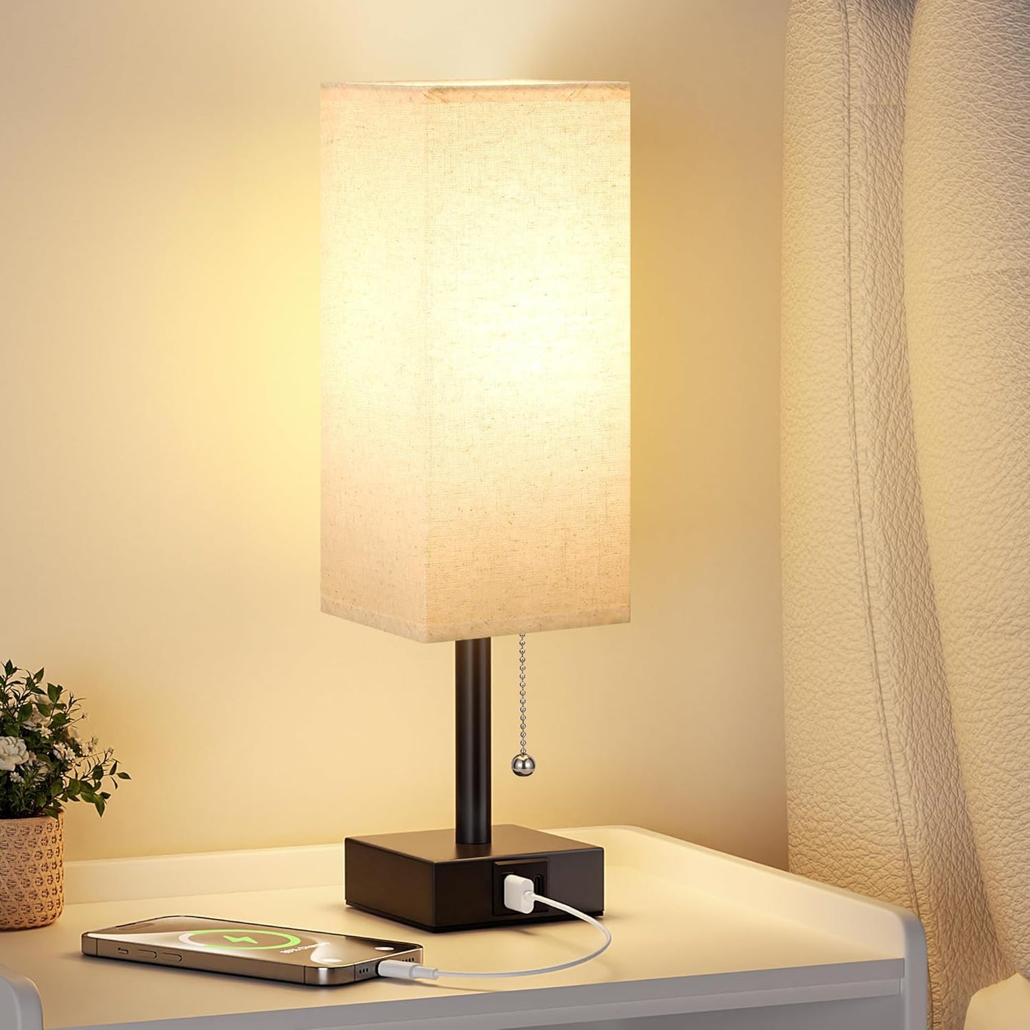 Small Linen Bedroom Lamp - 3 Color Temperature 3000K 5000K 4000K Bedside Lamp, Pull Chain Control, USB A and C Charging Ports, Black Base, for Kids Office Dorm, Bulb Included