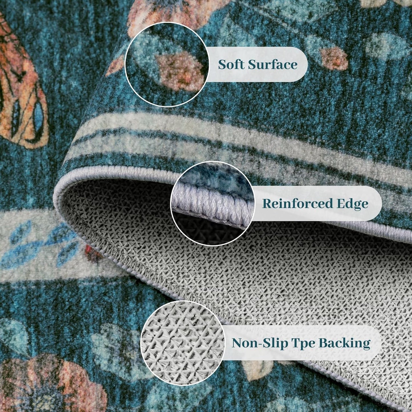 6x9 Rugs for Living Room with Insect Print - Bug Rug Non-Silp Stain Resistant Soft Carpet for Bedroom, Low Pile Ultra-Thin Machine Washable Carpet for Dining Room, Kids Nursery, Office (6'x9' Teal)