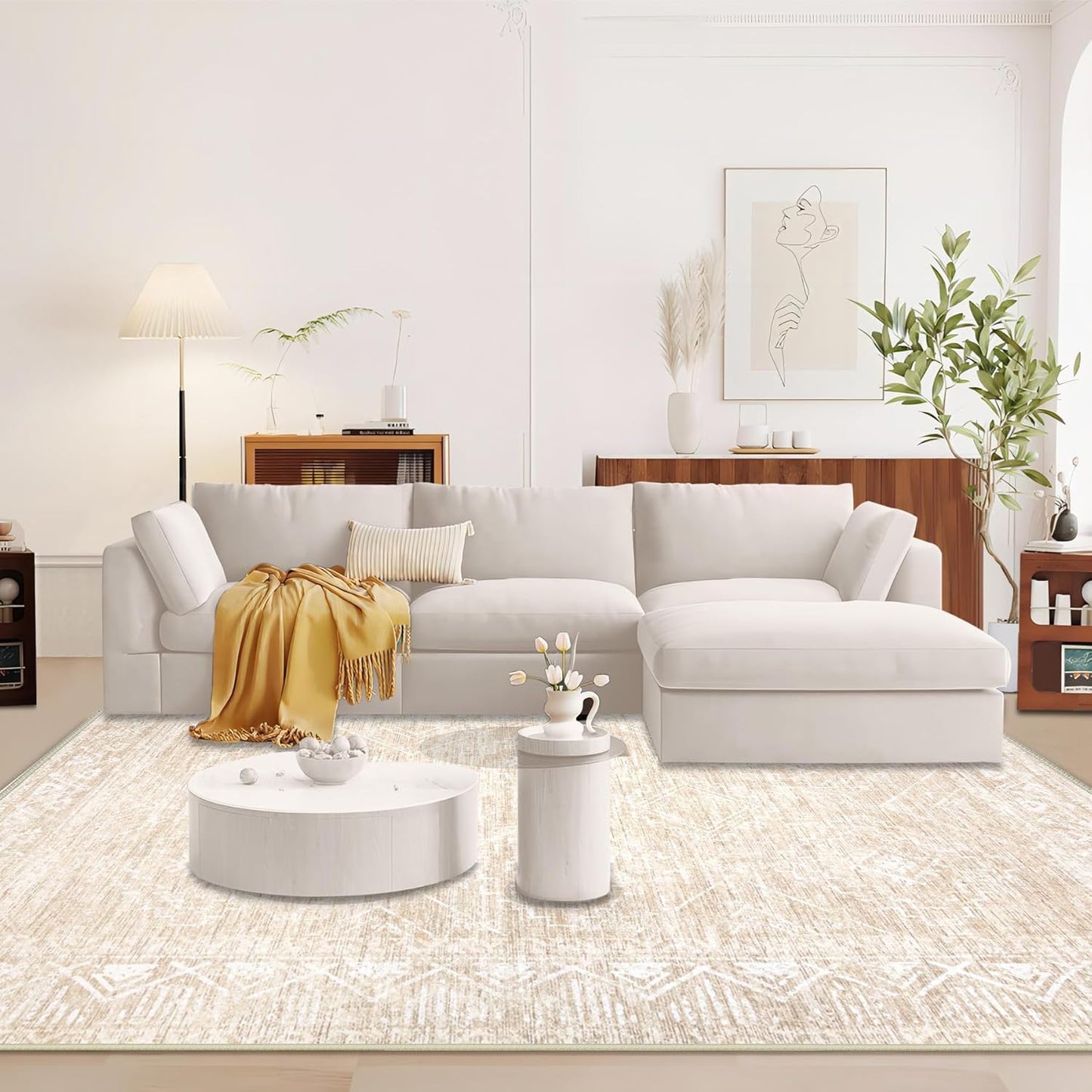 Moroccan Large Area Rug 5x7 - Soft Machine Washable Geometric Boho Distressed Farmhouse Rug Morden Stain Resistant Indoor Floor Carpet for Bedroom Dining Table Nursery Home Office (5 x 7, Beige)