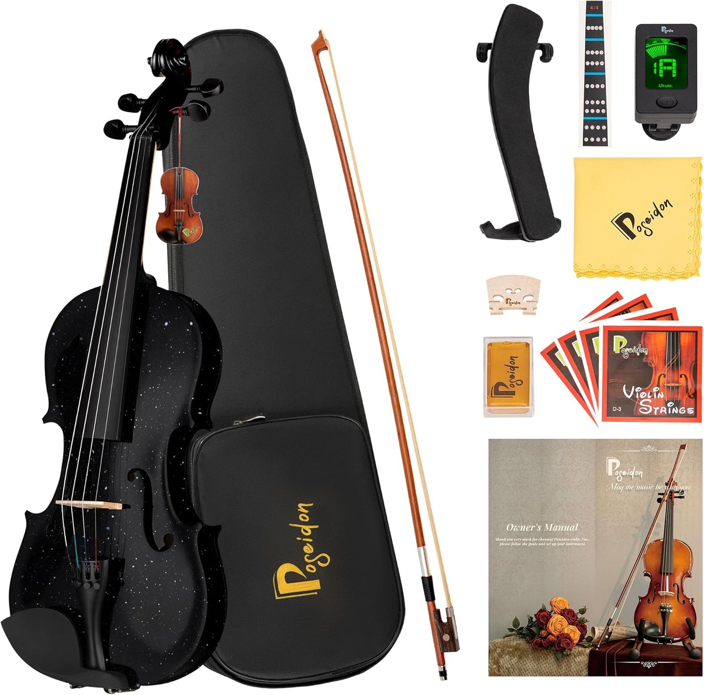 Poseidon 3/4 Violin Size Set for Beginners, Black Violin for Beginner Fiddle Kit with Hard Case, Bow, Rosin, Horse Bridge, Violin Strings 3/4 Full Set, Shoulder Rest, Clip-on Tuner, Manual Instruction