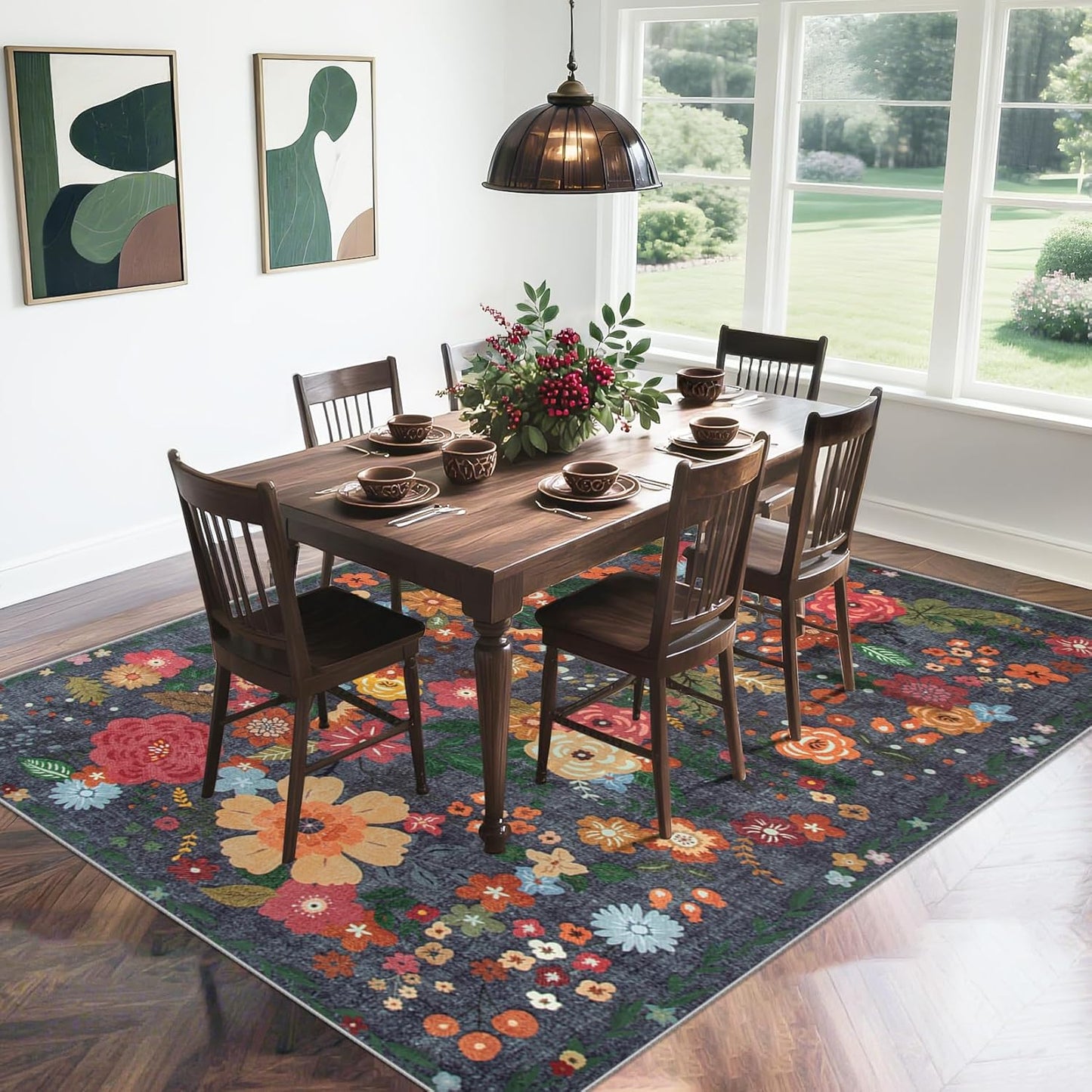 9x12 Area Rug for Living Room: Vintage Floral Washable Rug Soft Boho Non Slip Carpet Large Indoor Floor Non Shedding Low Pile Thin Carpets for Bedroom Dining Room Farmhouse Nursery Home Office Black