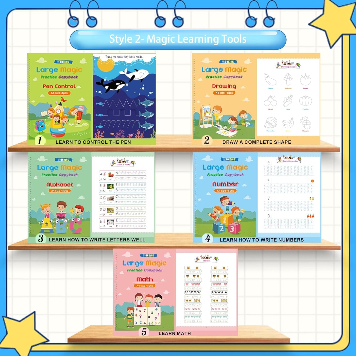 Large Handwriting Magic Grooved Practice Copybook Set: 5-Pack with Wooden Alphabet Tracing Board, Reusable Letter Learning Kit for Kid Age 3-8, Ideal for Kindergarten and Preschool Calligraphy Control