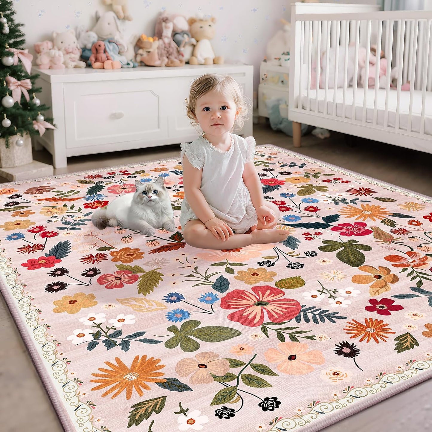 5x8 Boho Floral Area Rugs Soft Washable Stain Resistant Indoor Floor Carpet Rug Vintage Beige Low Pile Non Slip Rug Spring Farmhouse for Living Room Bedroom Dining Room Playroom Nursery Family Room