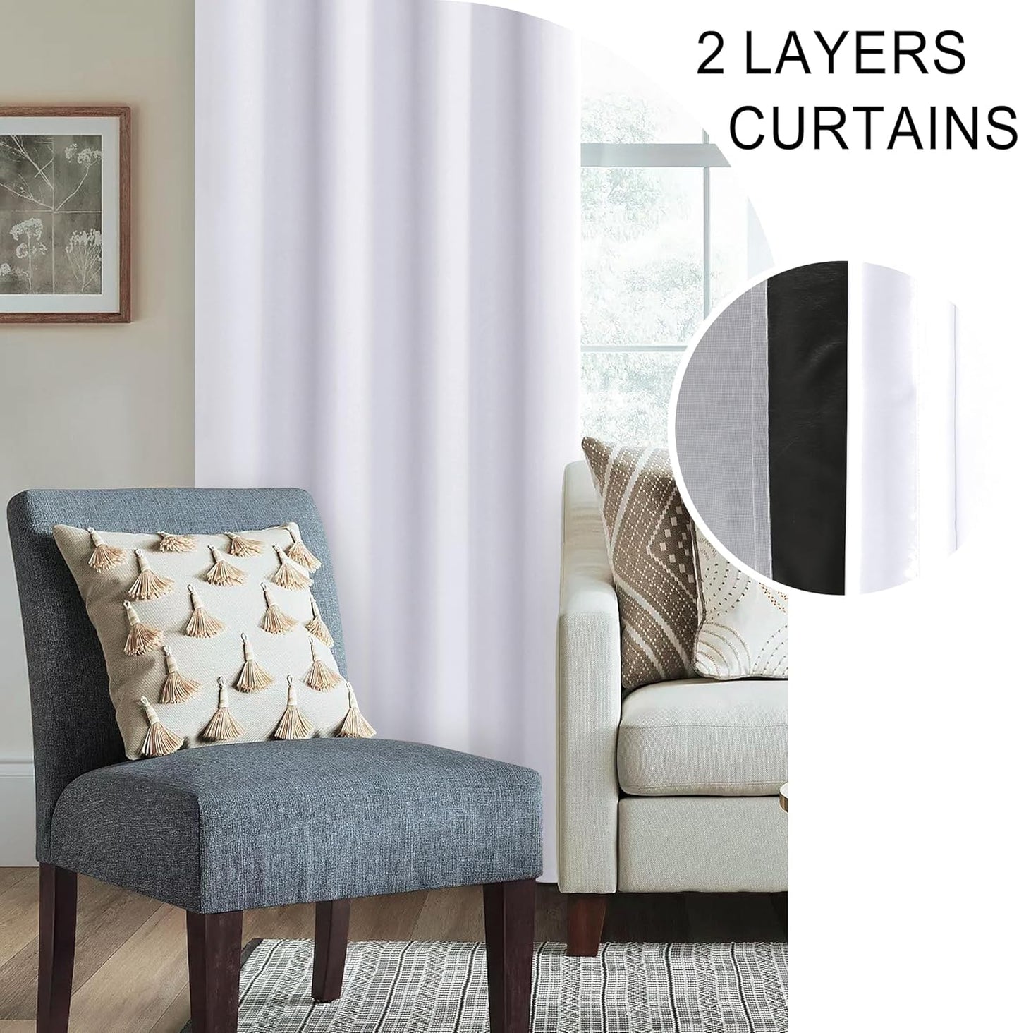 XWZO White Blackout Curtains with Tiebacks - Rod Pocket Heat and Full Light Blocking Window Panels for Bedroom/Nursery, 84 Inches Long Thermal Insulated Draperies, White, W42 x L84, Set of 2
