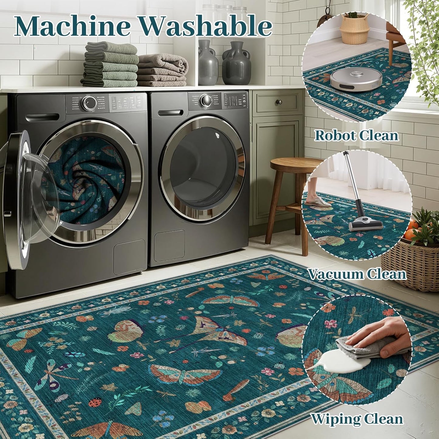 4ft Washable Round Rug - Bug Rugs for Living Room Non-Slip Low Pile Soft Ultra-Thin Machine Washable Circle Carpet for Bedroom, Entryway, Nursery, Kitchen, Home Office (4' Round Teal)