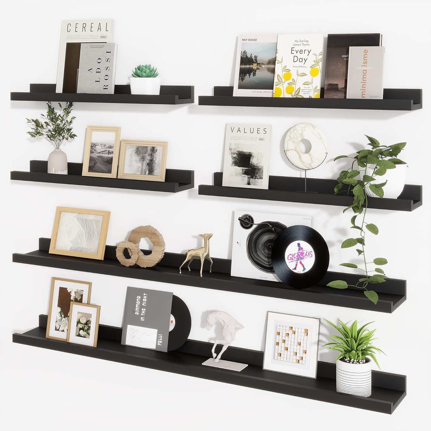 Axeman Picture Ledge Shelf, Floating Shelves for Wall Decor Storage Set of 6, 48 inch Floating Wall Mounted Shelves, Wall Shelves with Lip for Living Room, Bedroom, Nursery, Bathroom, Kitchen, Black