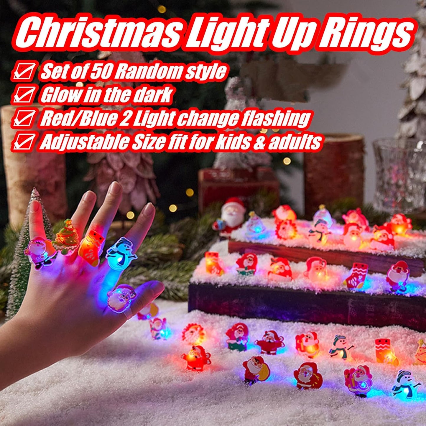 Christmas Party Favors 50Pcs Light Up Glow Rings Party Supplies Flashing Glowing Finger Rings Decoration for Kids Adults
