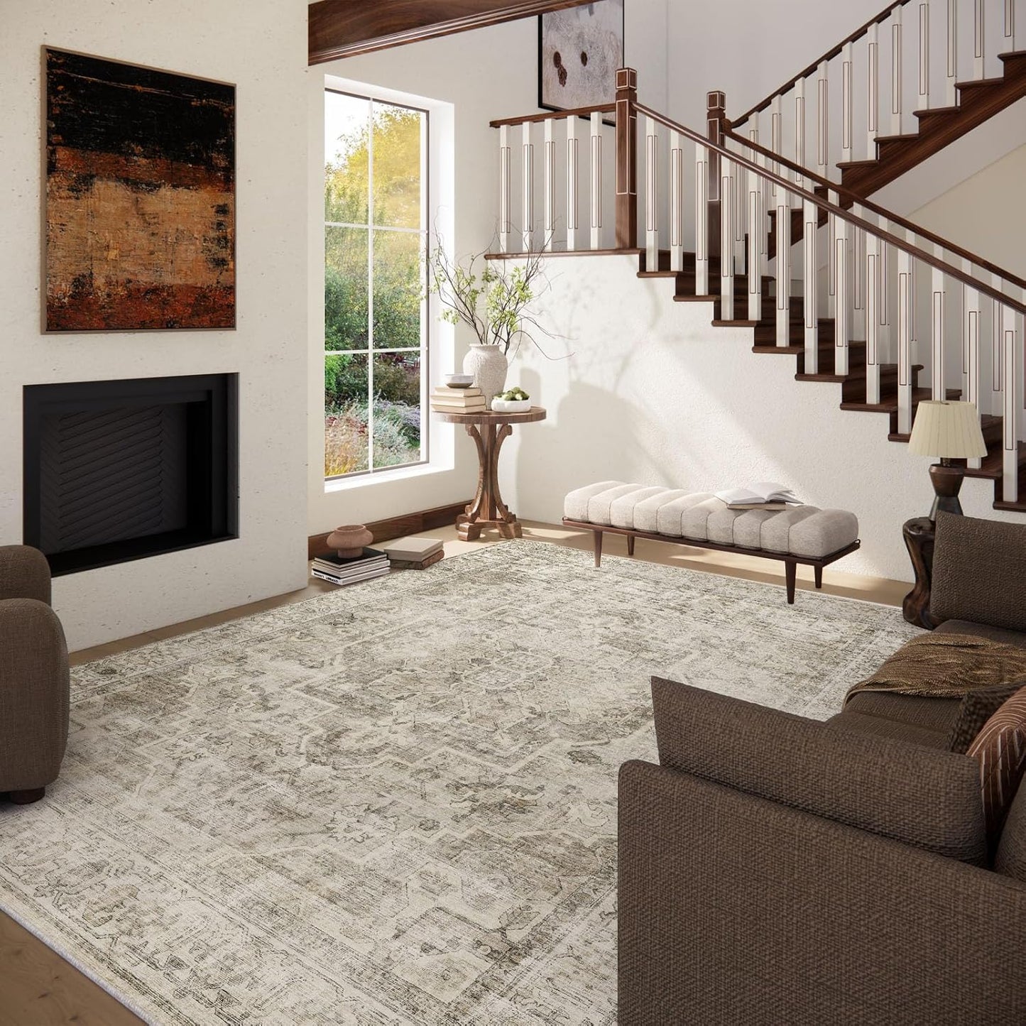 Washable Area Rugs for Living Room: 8x10 Bedroom Area Rugs Boho Vintage Rugs Stain Resistant Non Slip Low Pile Soft Lightweight Carpet for Kitchen Dining Room Farmhouse Nursery Kids Room Home Office