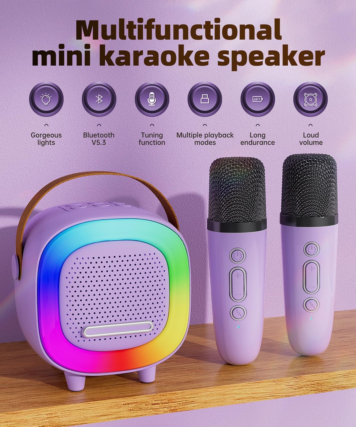 Mini Karaoke Machine Speaker for Kids Adults, Portable Bluetooth with 2 Wireless Microphones, Children's Day Birthday Gift Ideas for Toys for Teens Boys and Girls Aged 4, 5, 6, 7, 8, 9, 10, 11, 12+