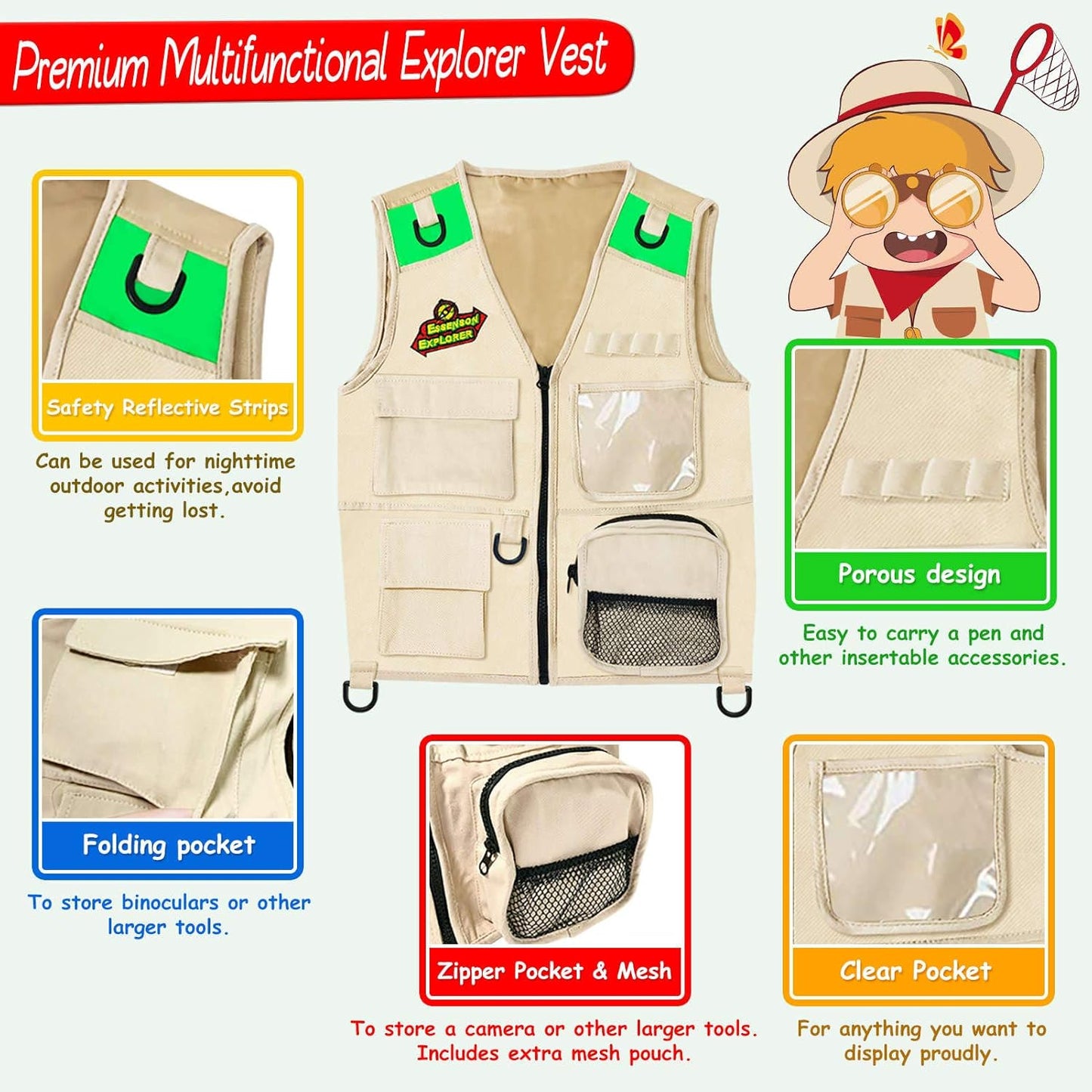 ESSENSON Outdoor Explorer Kit & Bug Catcher Kit with Vest, Outdoor Toy Gift for 3 4 5 6 7 8+ Year Old Boys Girls Kids Binoculars, Magnifying Glass, Butterfly Net, Camping, Adventure