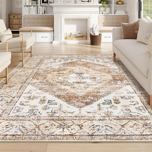 Lahome 9x12 Area Rugs for Living Room - Boho Non-Slip Washable Carpet Ultra-Thin Large Rug Lightweight Throw Foldable Dining Room Mat，Farmhouse Neutral Print Carpet for Bedroom Guest Room (Taupe)