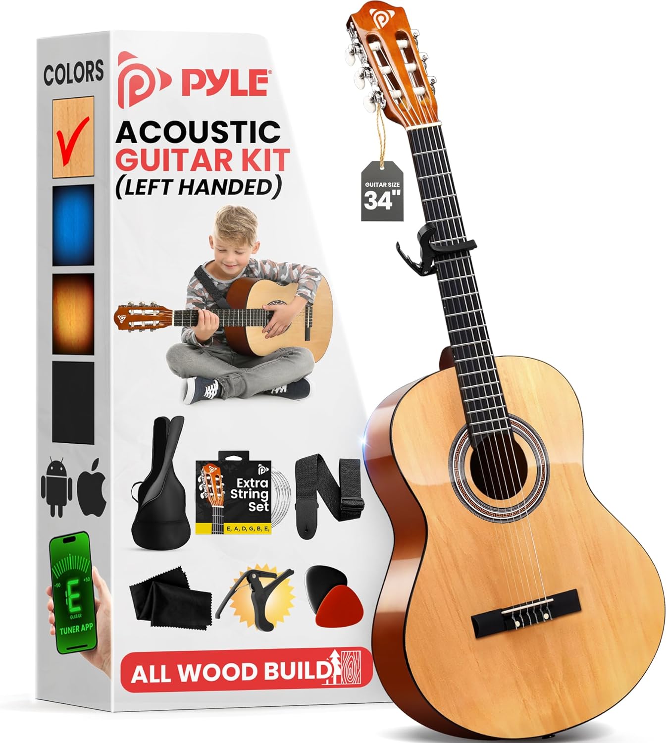 Pyle Left Handed Beginner Acoustic Guitar Kit, 1/2 Junior Size All Wood Build Nylon String Instrument with Capo, Strap, Extra String Set, Gig Bag, Guitars for Beginners Adults Youth, 34" Natural Gloss