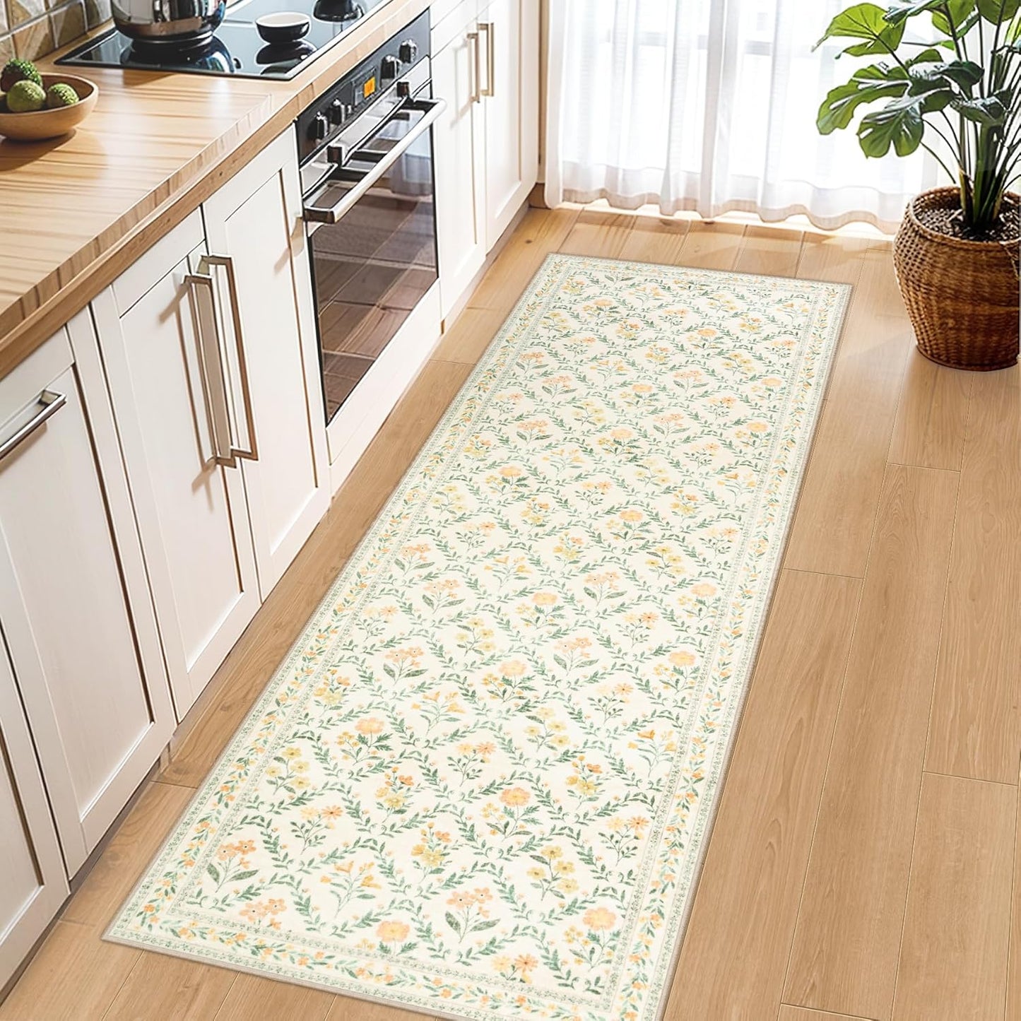 Runner Rug for Entryway: 2.6x8 Kitchen Rugs Non Slip Washable Ultra-Thin Soft Floral Carpet Indoor Floor Stain Resistant Carpets for Hallway Bedroom Kitchen Laundry Bathroom Dorm Beige/Multi
