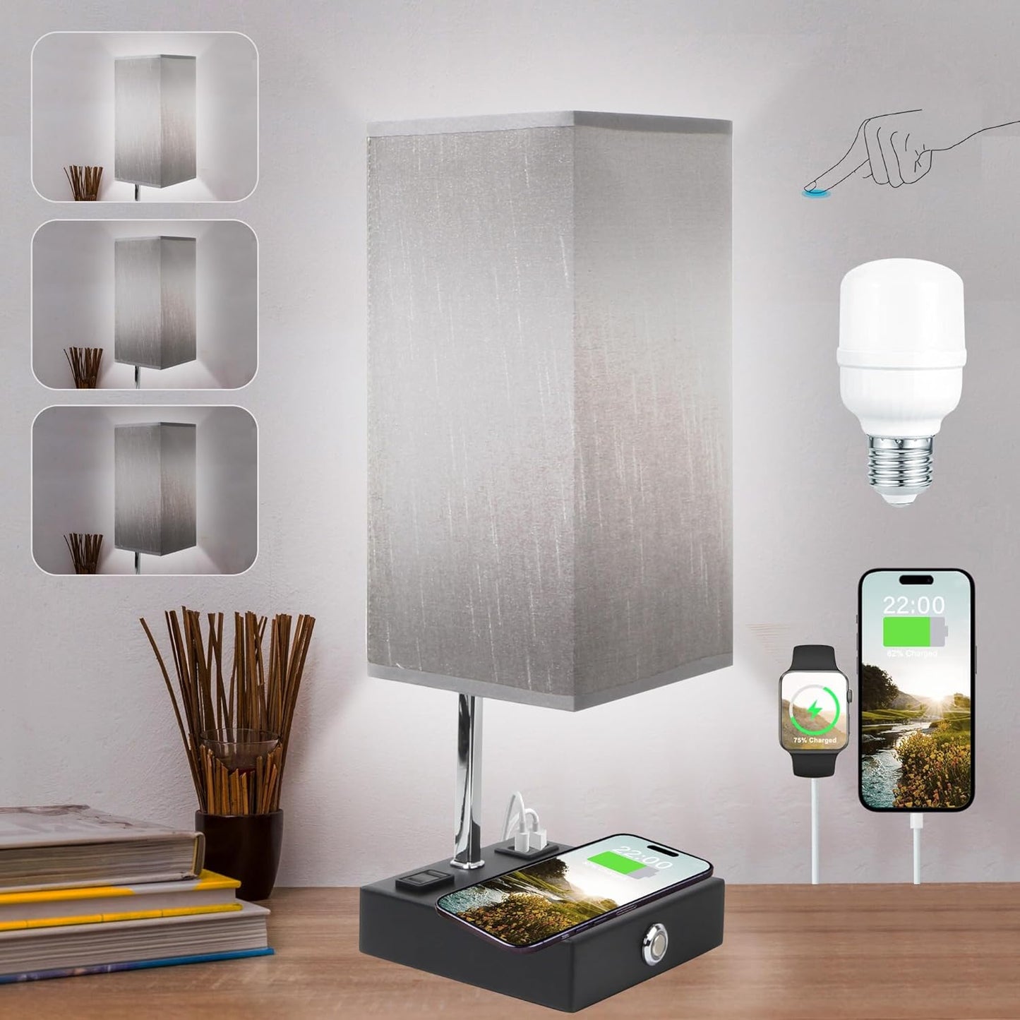 Wireless Charging Touch Control Table Lamp, Bedside Nightstand Lamp with USB Charging Port & AC Outlet, 3 Brightness Levels Adjustable, Suitable for Bedroom, Living Room, Office, LED Bulb Included
