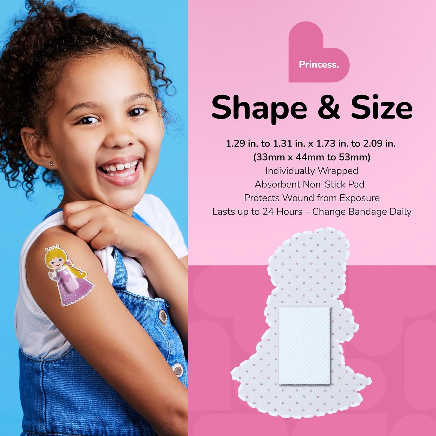 BioSwiss Bandages, Princess Shaped Self Adhesive Bandage, Latex Free Sterile Wound Care, Fun First Aid Kit Supplies for Kids, 24 Count