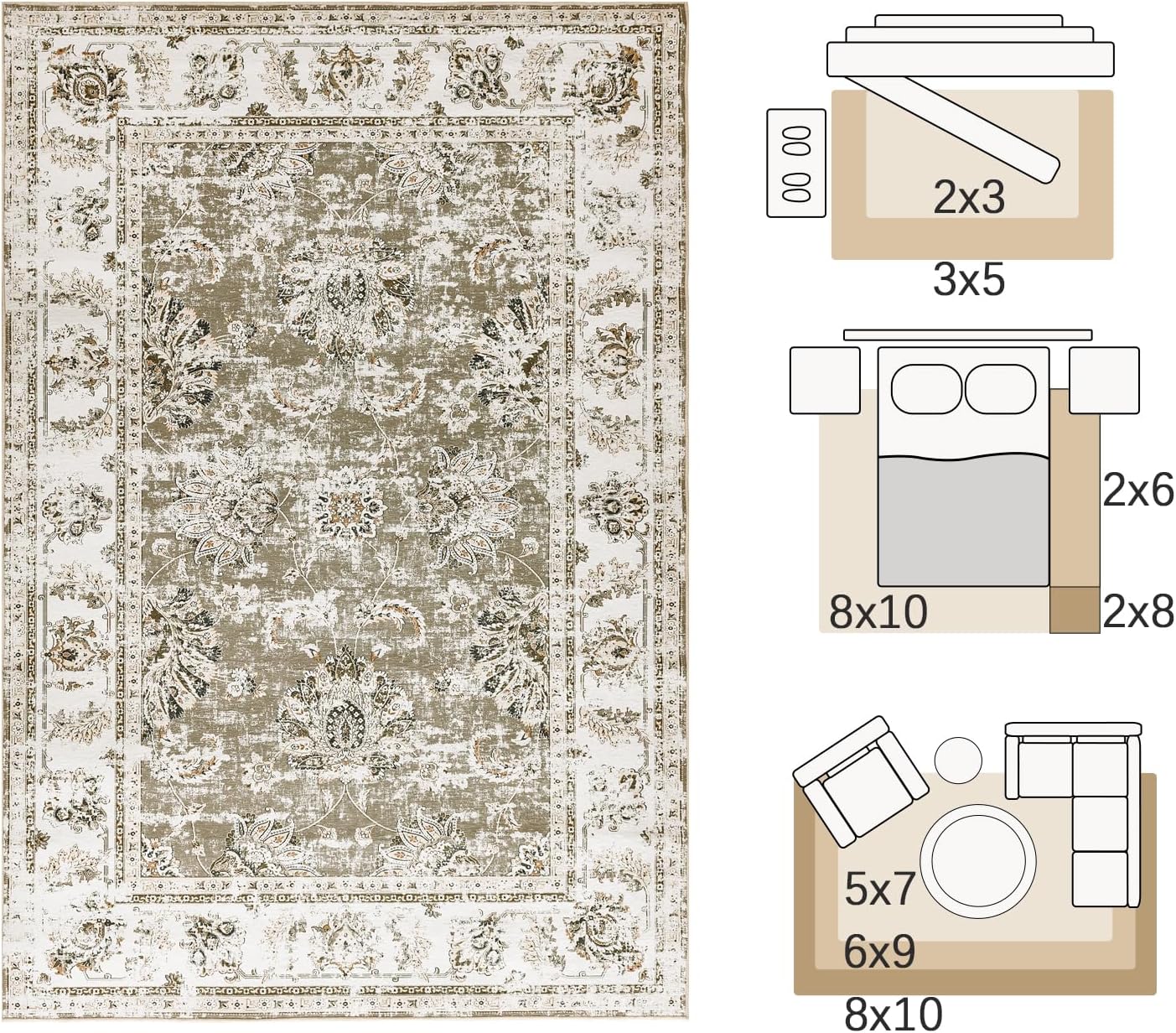 jinchan Vintage Floral 5x7 Area Rugs for Bedroom - Machine Washable Distressed Design Stain Resistant Boho Carpet Ultra-Thin Low Pile Non-Slip Rug for Living Room Dining Room Kitchen (5‘x7',Taupe)