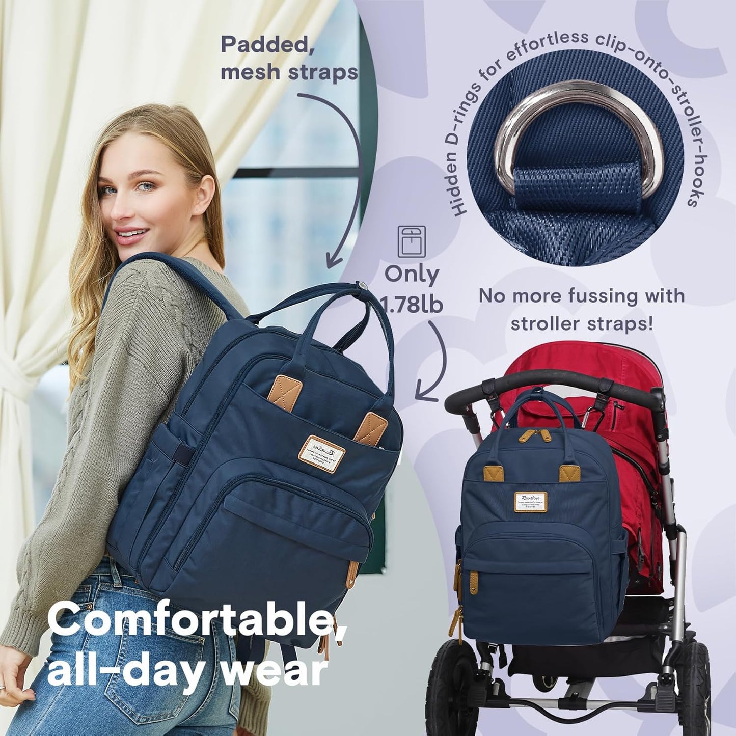 RUVALINO Diaper Bag Backpack, Multifunction Travel Pack Maternity Baby Changing Bags, Large Capacity, Waterproof, Peacock Blue