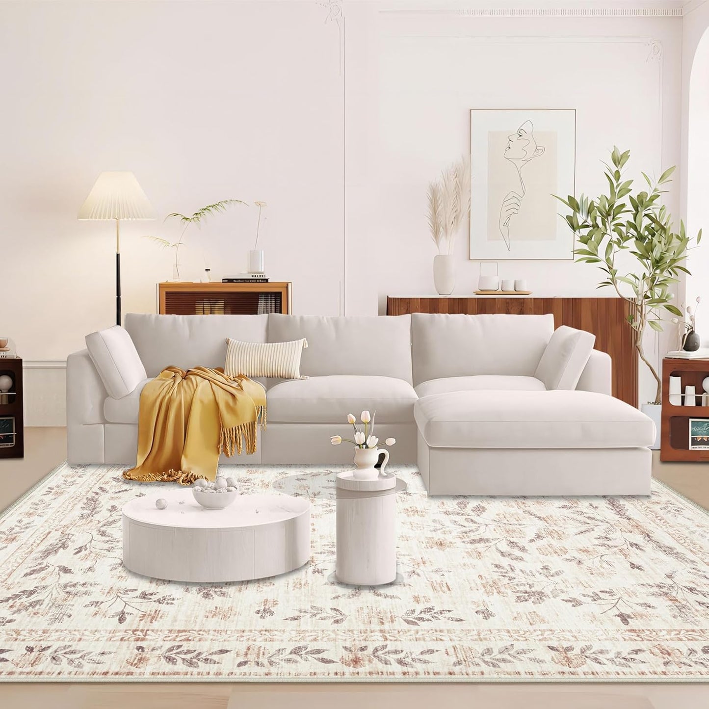 Rugs for Living Room 5x7 Rug, Washable Floral Boho Area Rug Non Slip Soft Low Pile Large Rugs for Bedroom Girls, Dining Room, Office, Kids Playroom(5'x7', Floral Beige)