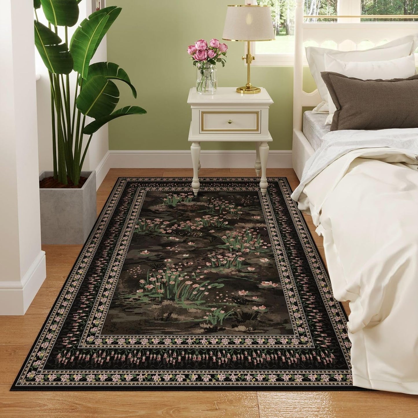 3x5 Washable Rug Impressionist-Style Vintage Non Slip Low Pile Small Carpet for Bedroom Bedside Kitchen Entryway Kids Room Office College Dorm Essentials for Girls, Black