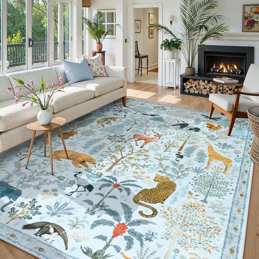 OJIA Animal Area Rugs 8x10, Soft 8x10 Washable Rugs for Living Room Bedroom, Non-Slip Boho Ultra-Thin Dining Room Rug Large Throw Carpet for Farmhouse Playroom Office, Light Blue