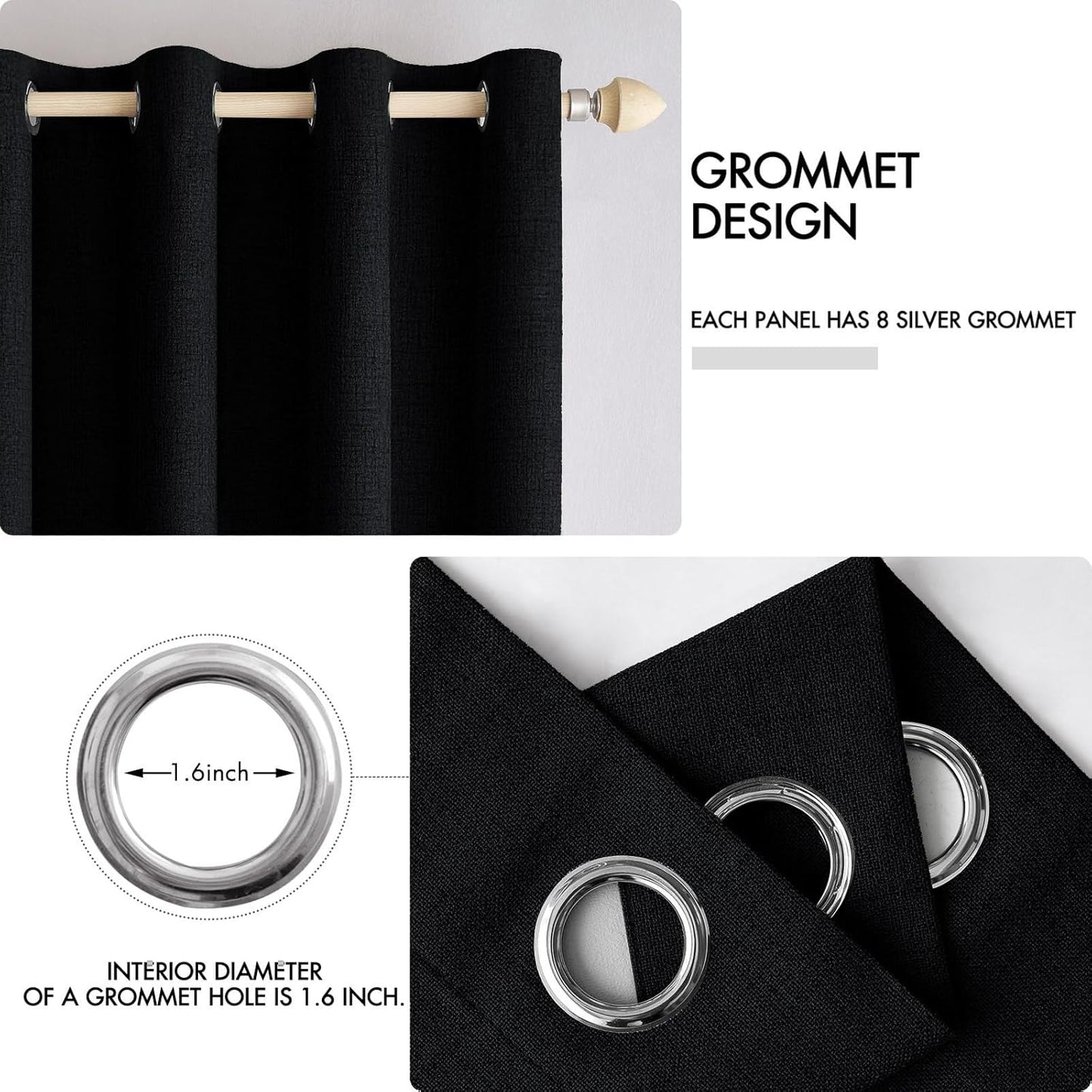 MIULEE Linen Texture Curtains for Bedroom Solid 100% Blackout Thermal Insulated Halloween Black Curtains Grommet Room Darkening Drapes for Living Room Nursery 52x96 Inch (2 Panels)