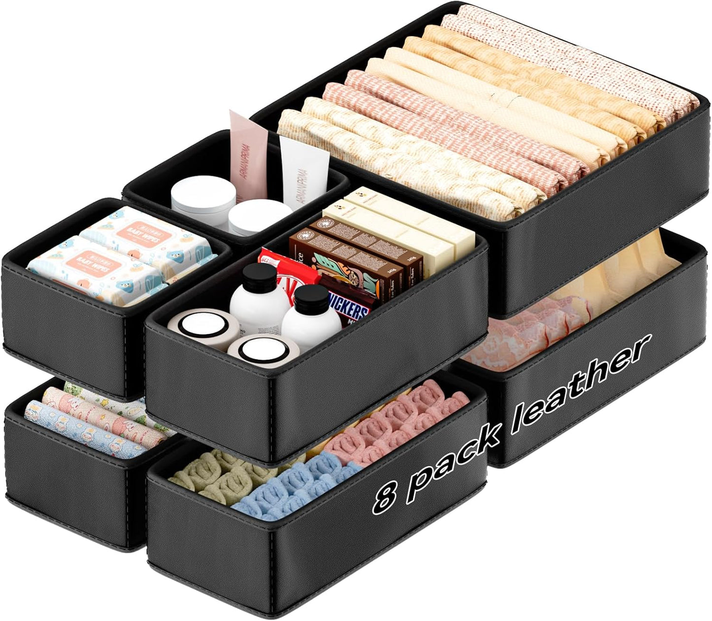 Vegan Leather Drawer Organizers,8 Pack Makeup Storage boxes,Vanity Drawer Luxury upgrade,Bedroom fabric Drawers replacement,bathroom organization and storage Optimal solution
