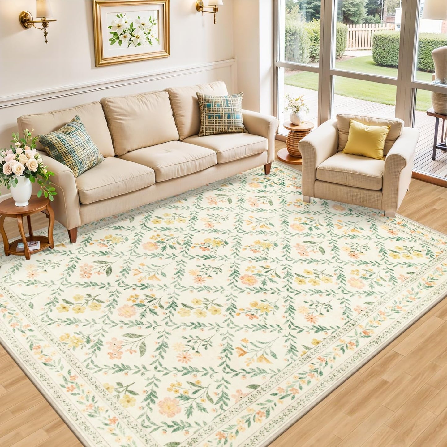 Area Rug Living Room Rugs: Floral 4x6 Washable Rug Vintage Soft Boho Non-Slip Carpet Stain Resistant Large Carpets for Bedroom Dining Room Farmhouse Nursery Hallway Home Office Beige/Multi