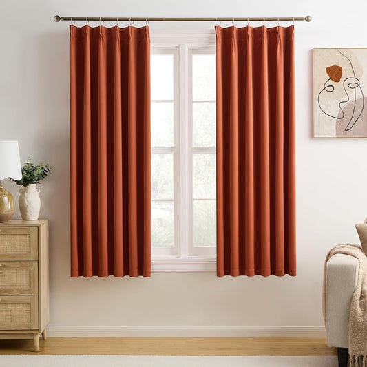KEQIAOSUOCAI Burnt Orange Window Curtains 63 Inches Long, Block Out Room Darkening Insulated Memory Shape Boho Muted Ochre Orange Curtain for Bedroom 40 Inch Wide Each Panel,Set of 2,Pinch Pleat