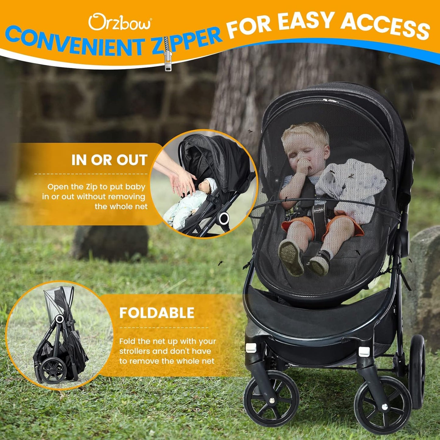Orzbow 2-in-1 Baby Mosquito Net with UPF50+ Sunshade for Stroller, Breathable Stroller Mosquito Netting Privacy Cover with Two-Way Zipper & Storage Bag for Bassinet, Car Seat & Carrycot, Grey