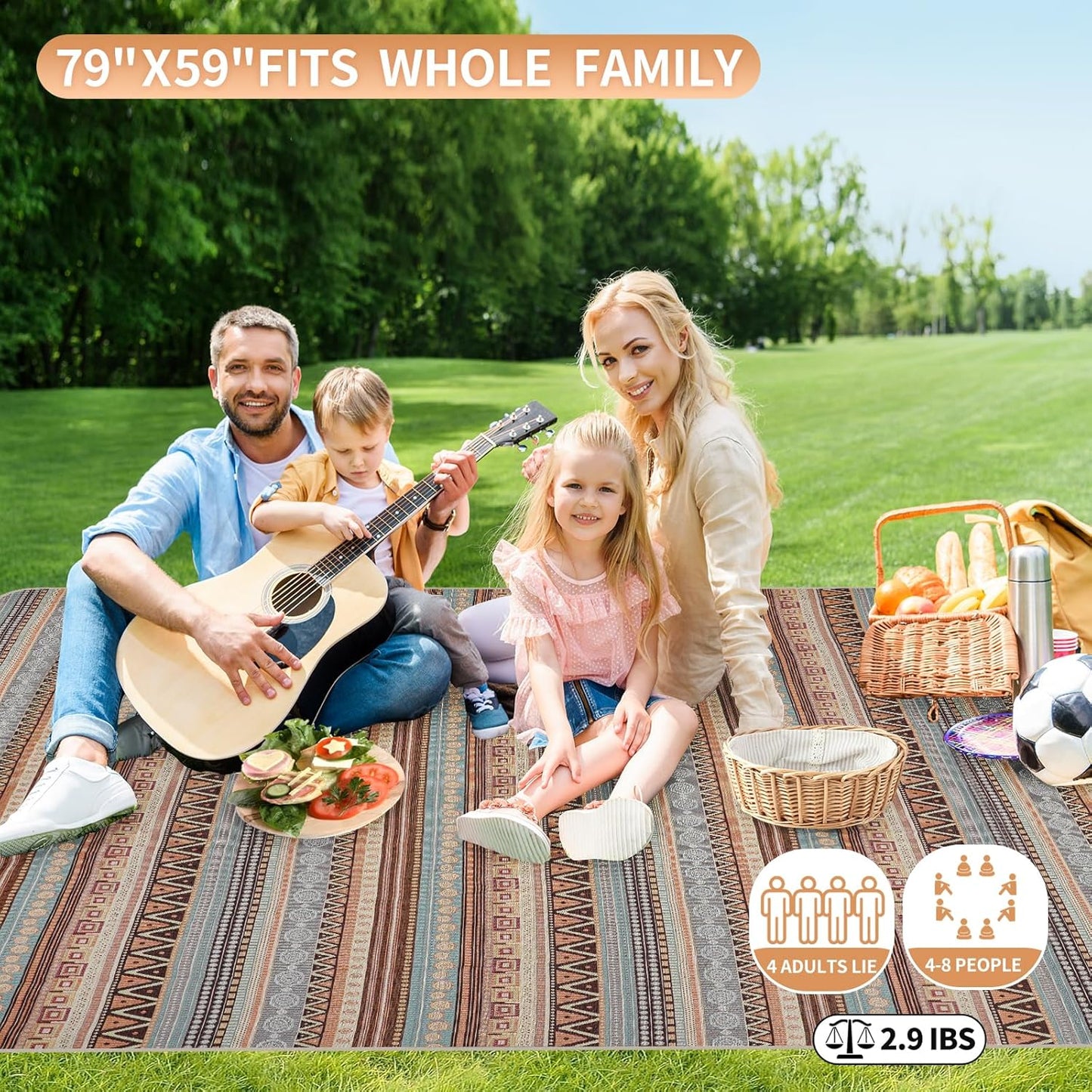 Extra Large Waterproof Picnic Blanket | Portable Camping & Beach Mat | Sand Free with Carry Strap | Park Blanket for Grass, Hiking, Travel, Concerts, Indoor (Orange)