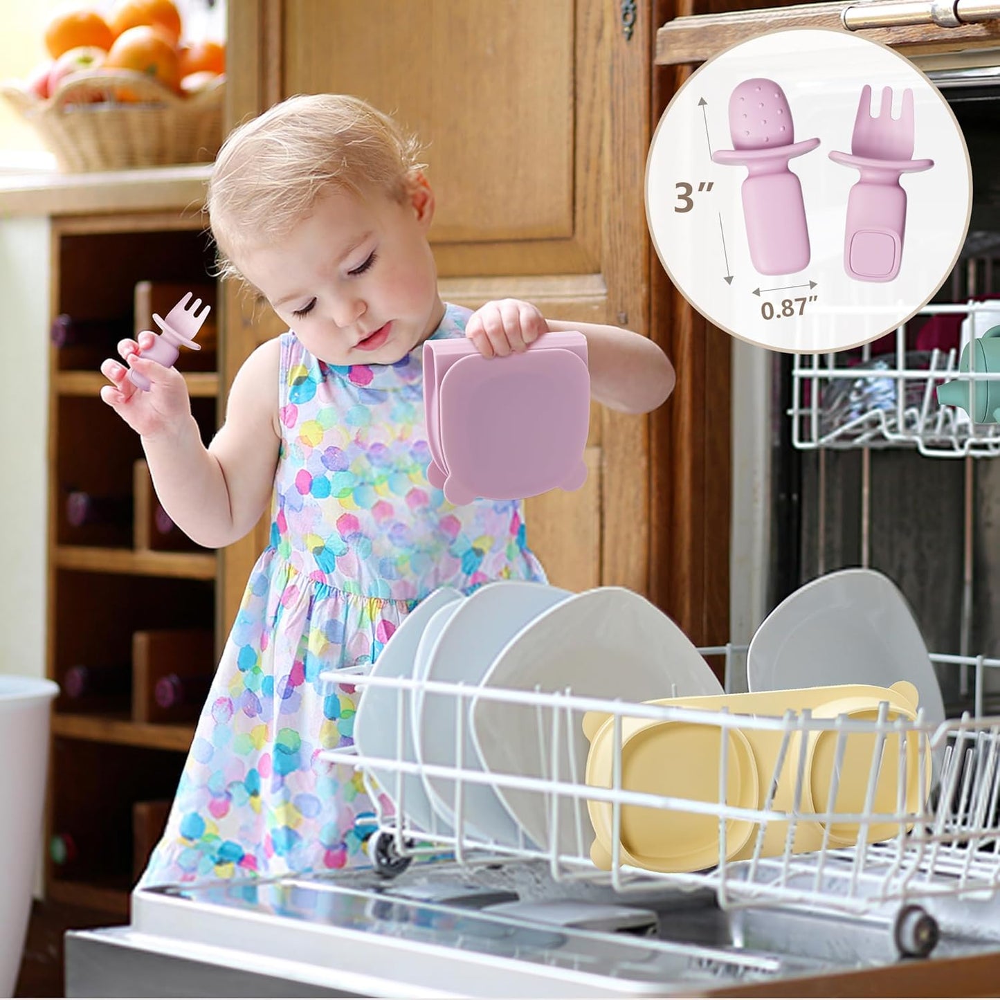 Silicone Foldable Novelty Dinner Plates,Suction Plates for Baby Travel Essential with Forks and Spoons,Microwave & Dishwasher Safe,Yellow