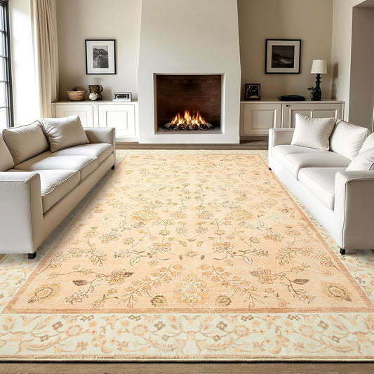 LOCHAS Washable Area Rugs 6x9, Peach Floral Rug for Living Room Bedroom Non Slip, Ultra Soft Vintage Indoor Carpet for Kids, Nursery, Dorm, Dining Room, Classroom, Boho Flower Home Decor, Low-Pile