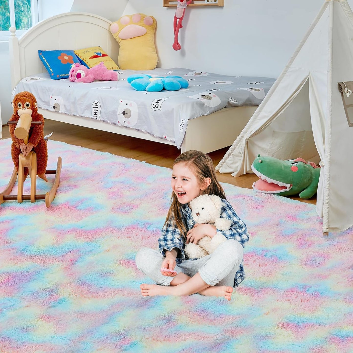 Ultra Soft Rug for Living Room, 5X8 Fluffy Shag Area Rug for Bedroom, Modern Shaggy Carpets Fuzzy Rug for Teens Dorm Nursery Home Decor Aesthetic, Upgrade Anti-Skid Durable, Rainbow