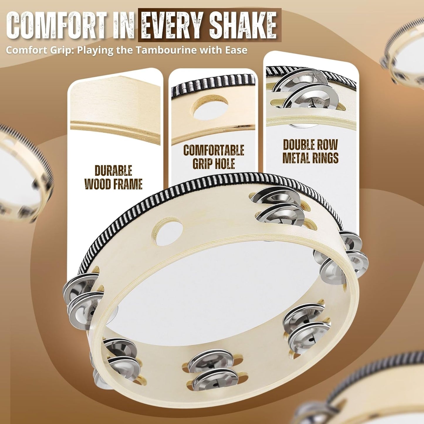 Flexzion Wood Handheld Tambourine for Kids (2 Pack) 8 Inch Double Row 12 Pair Jingles, Hand Held Percussion Drum Moon Musical Instrument with Metal Bell