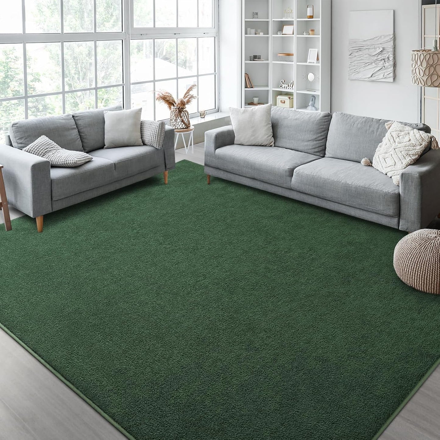 Kimicole 6x9 Washable Area Rugs for Living Room Bedroom, Large Low Pile Ulta-Thin Solid Color Rug, Non-Slip Soft Fluffy Carpet for Nursery Kids Room Dorm Room Home Decor (Dark Green)