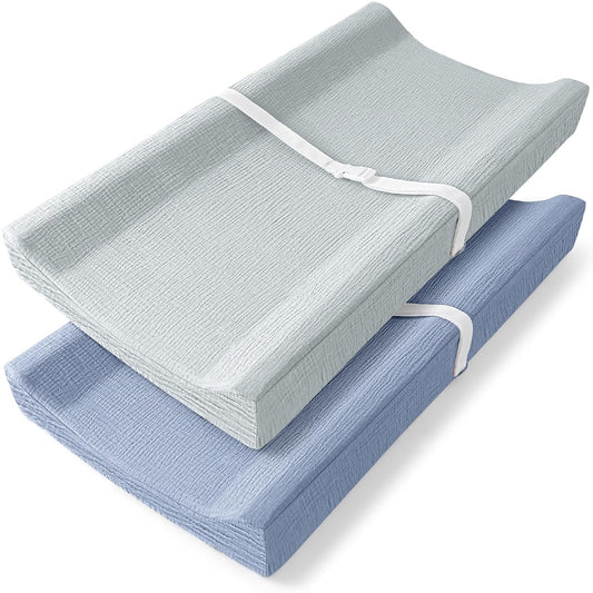 Bearmoss Changing Pad Cover, 2 Pack Muslin [100% Cotton] Diaper Changing Table Covers, 32'' x 16'' Soft Breathable Changing Pad Sheets for Unisex Baby Girls and Boys with Strap Holes (Mint Gum)