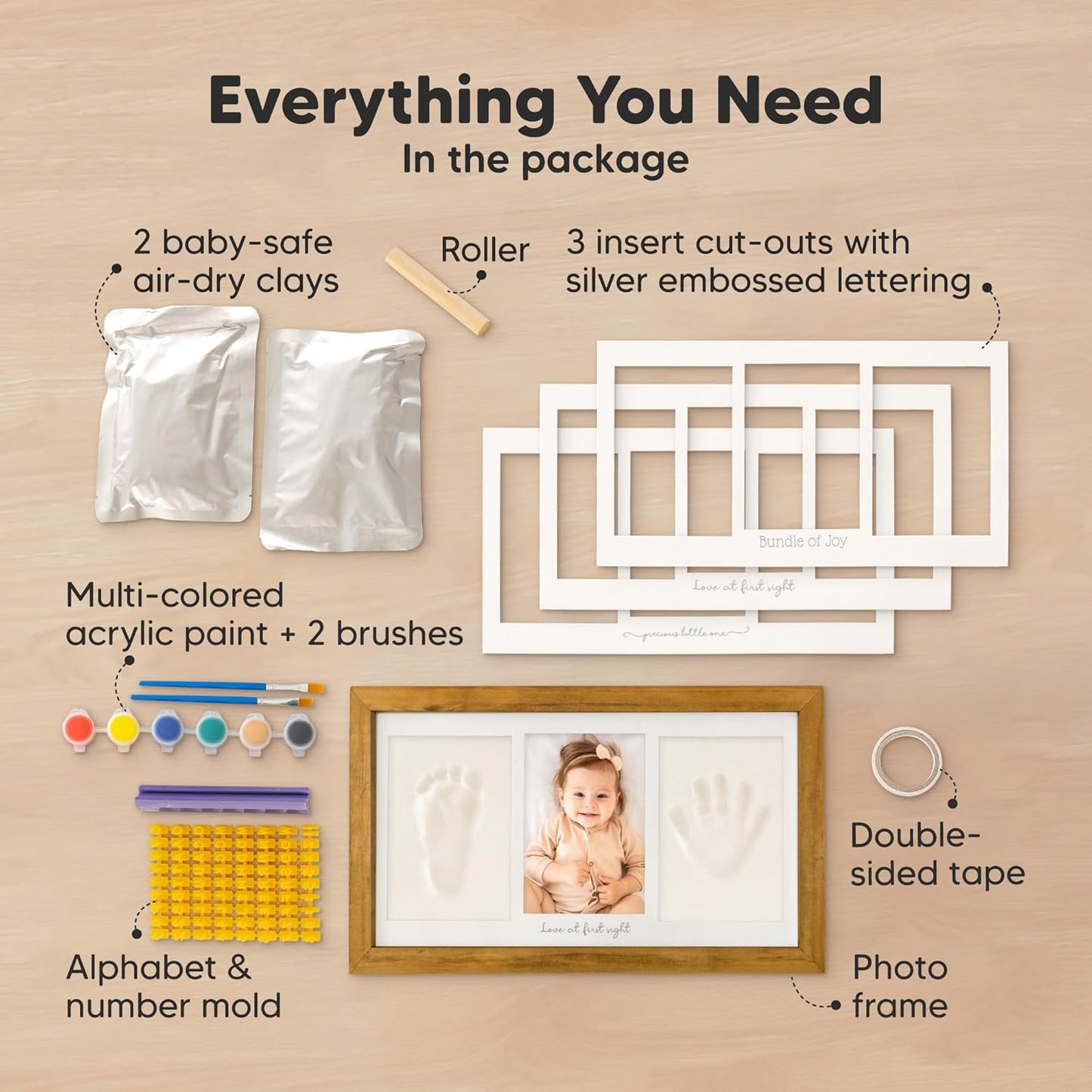 Baby Hand and Footprint Kit - Clay Handprint Keepsake Frame, Newborn Nursery Picture Frame, Personalized New Mom Gifts for Baby Shower & Registry (Golden Wheat)