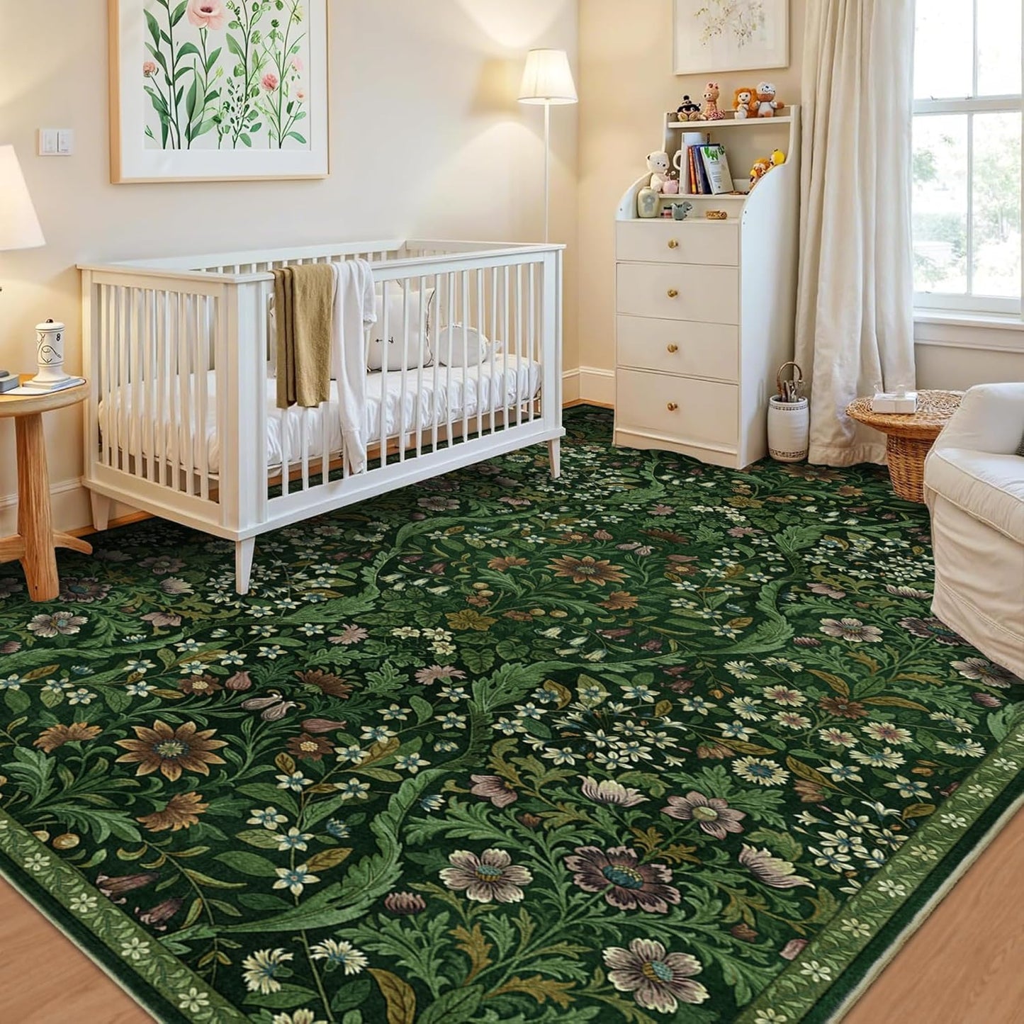 Floral Washable 6x9 Area Rug，Dark Green Boho Rugs for Living Room, Soft Low-Pile Non-Slip Stain Resistant & Non-Shedding Carpet for Bedroom, Dining Room, Office, Entryway, Nursery