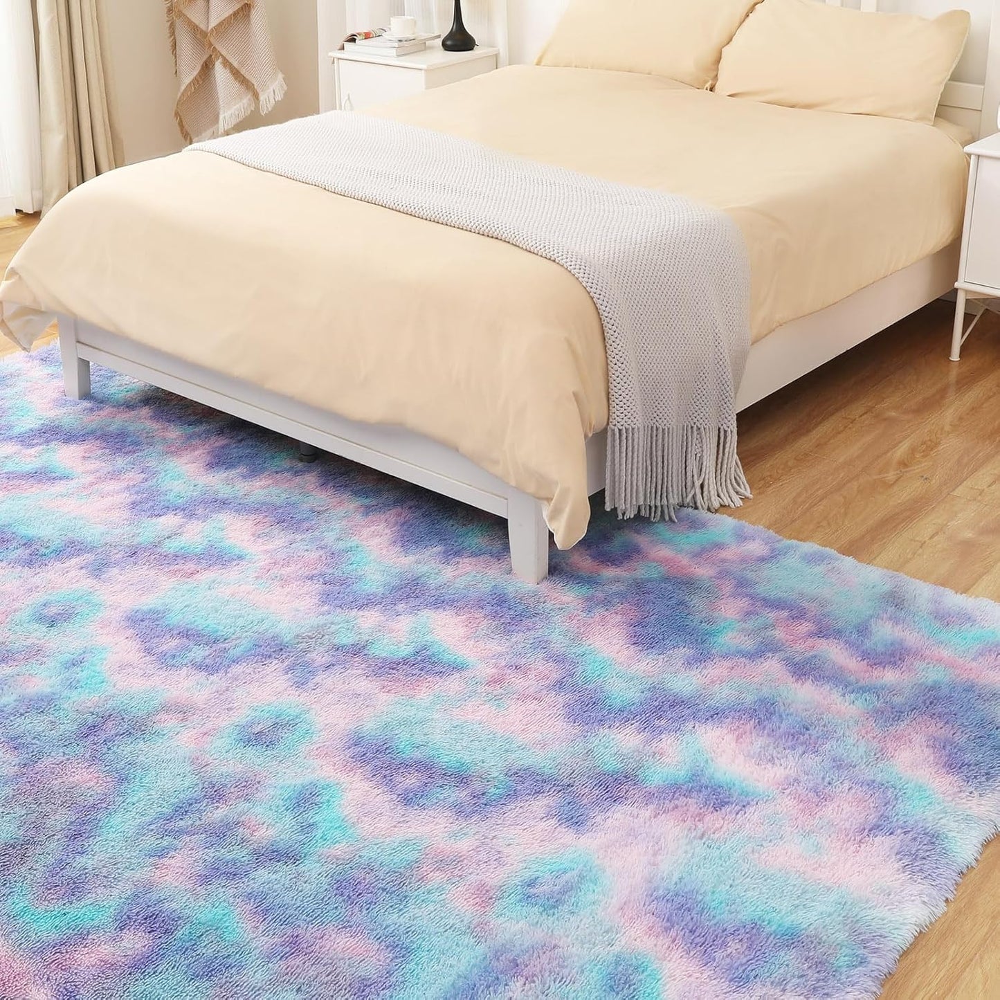 Rainbow Rug for Girls Room, 6x9 Fluffy Area Rugs for Bedroom, Colorful Kids Rug Cute Anti-Skid Indoor Carpet for Nursery, Living Room, Playroom, Home Decor